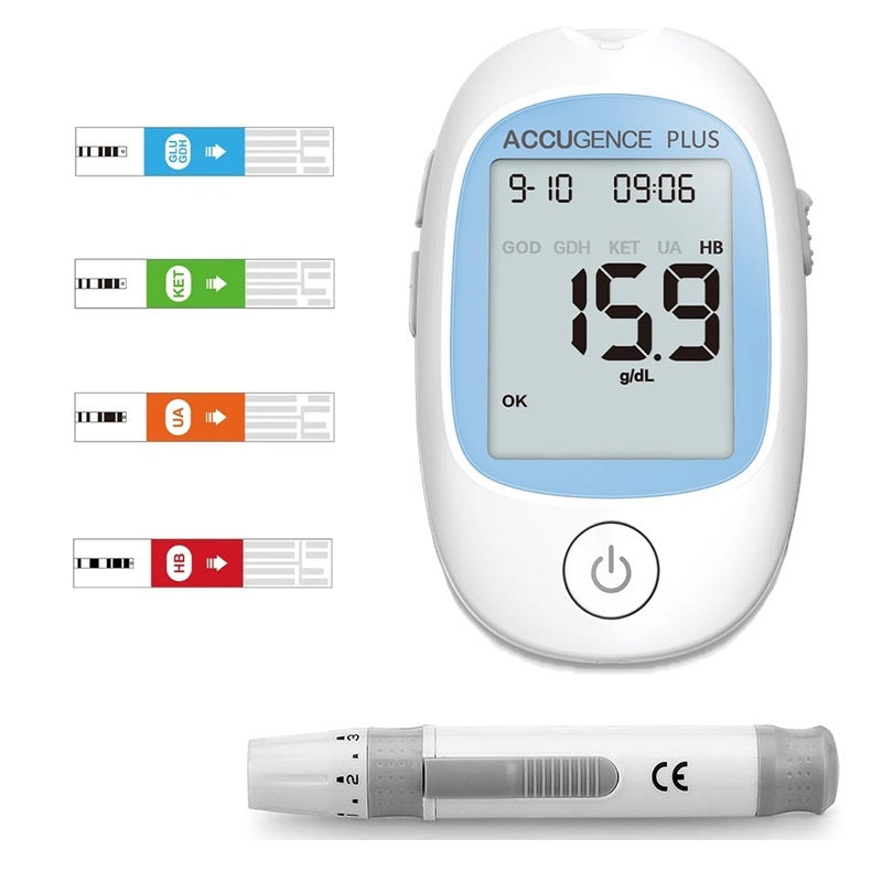 Tragbarer 4-in-1-Blutanalysator (Glukose, Keton, Harnsäure und Hämoglobin)